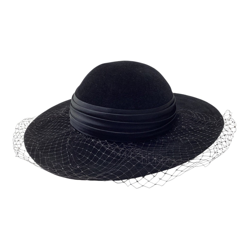 Vtg Betmar Union Made 100% Felt Hat Black Mesh Veil Ribbon Band
